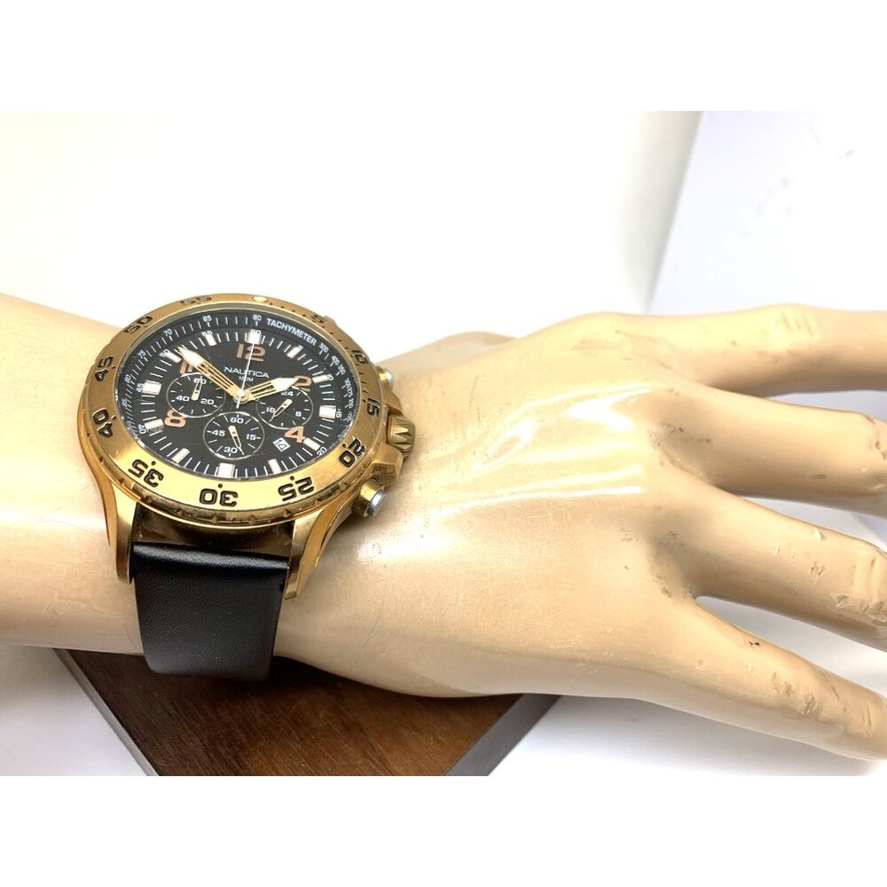 Nautica Men's Watch N18523 Quartz Black Dial Rose Gold Tone Leather Band 48mm - Picture 4 of 14